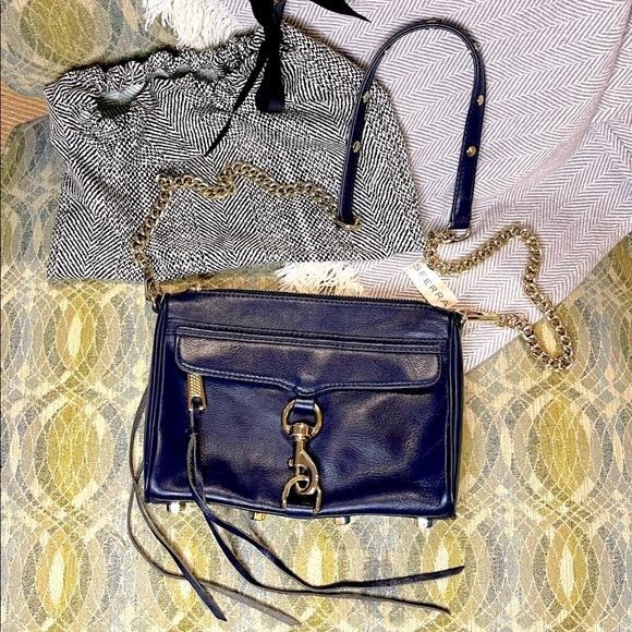 Like new, $198 REBECCA MINKOFF Mini Mac Bag, Navy Blue + Gold — EUC